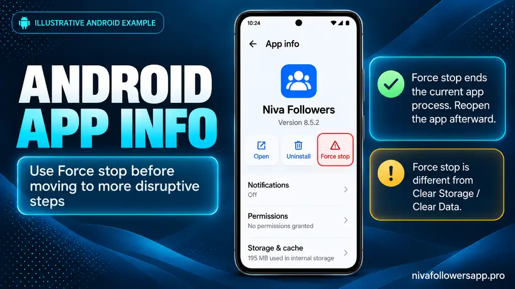 Illustrative Android App Info screen for Niva Followers with the Force stop control highlighted