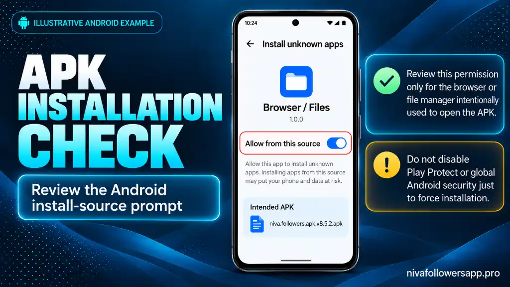 Illustrative Android install-source screen showing the Allow from this source setting for opening the Niva Followers APK