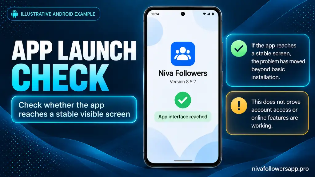 Illustrative Niva Followers app launch screen used to identify whether the app reaches a stable visible interface
