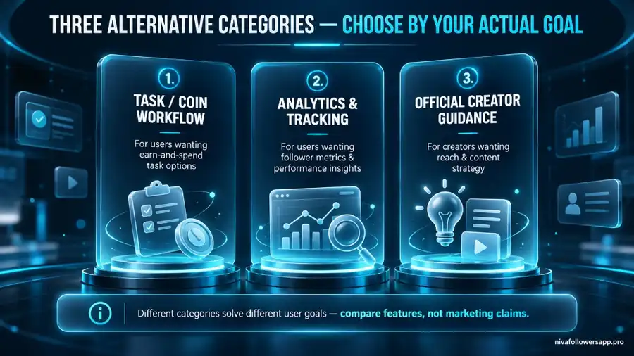 Three main categories of Niva Followers alternatives including task workflow apps, analytics tools, and official creator guidance