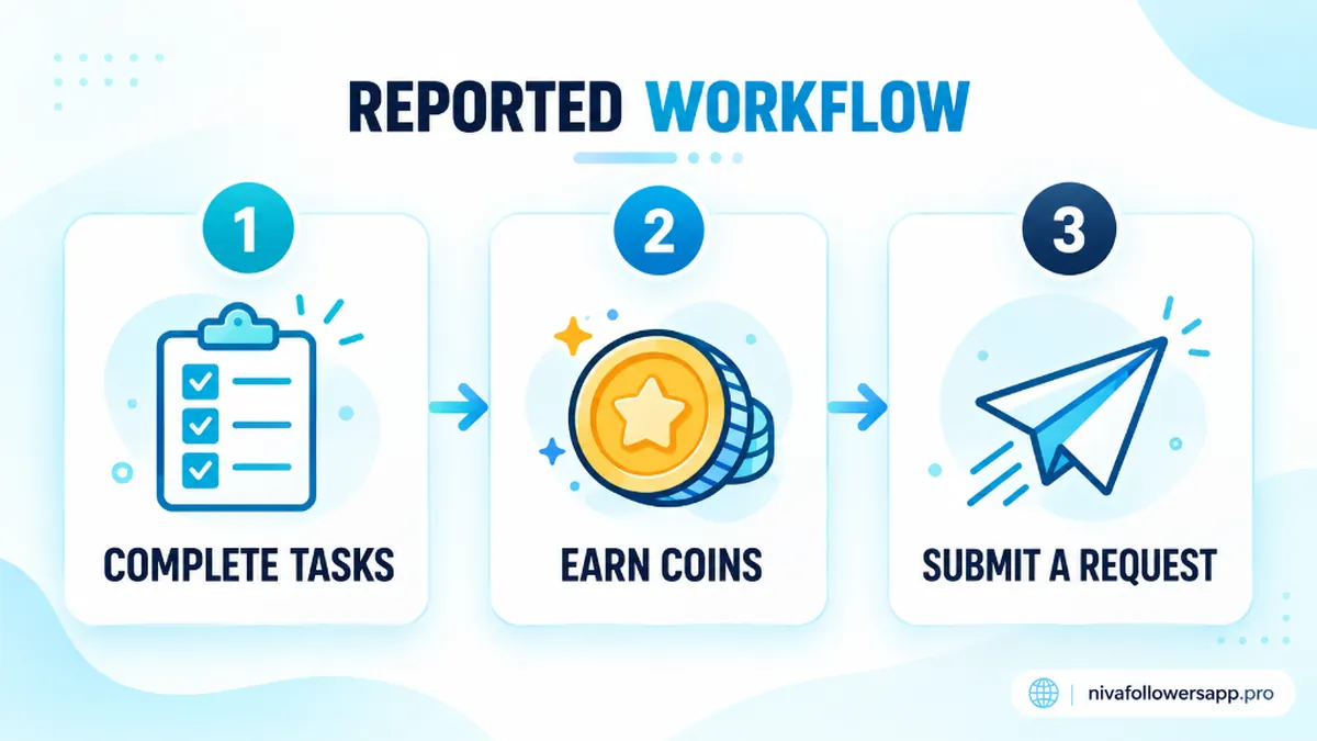 Three-step Niva Followers workflow: complete tasks, earn coins and submit a request