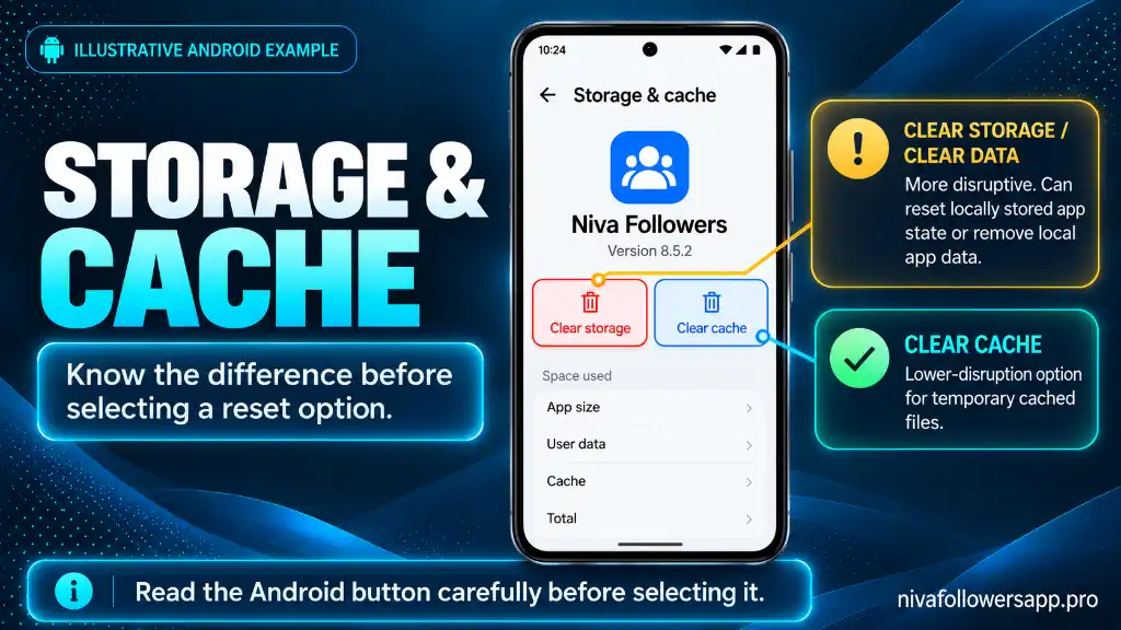 Illustrative Android Storage and Cache screen showing the difference between Clear cache and Clear storage for Niva Followers